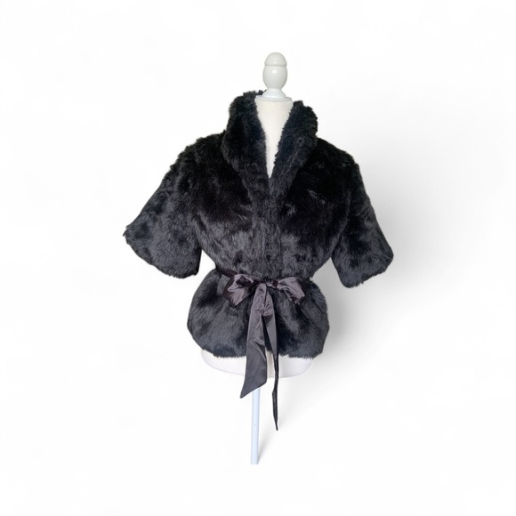 Costa Blanca Black Faux Fur Jacket with Ribbon Tie Size 8 - Picture 2 of 7